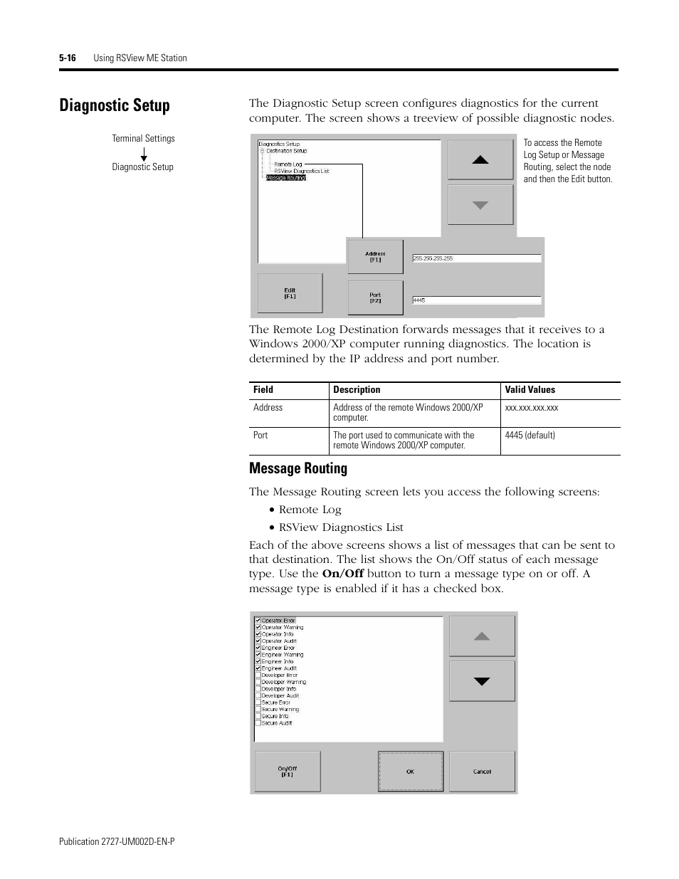 Diagnostic setup, Diagnostic setup -16, Message routing | Rockwell Automation 2727-G7P20D3Q7 MobileView G750 Guard Machine Terminal User Manual | Page 76 / 124