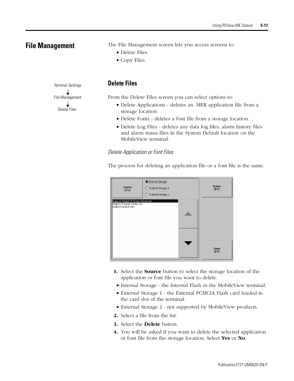 File management, File management -17, Delete files | Rockwell Automation 2727-G7P20D3Q7 MobileView G750 Guard Machine Terminal User Manual | Page 77 / 124