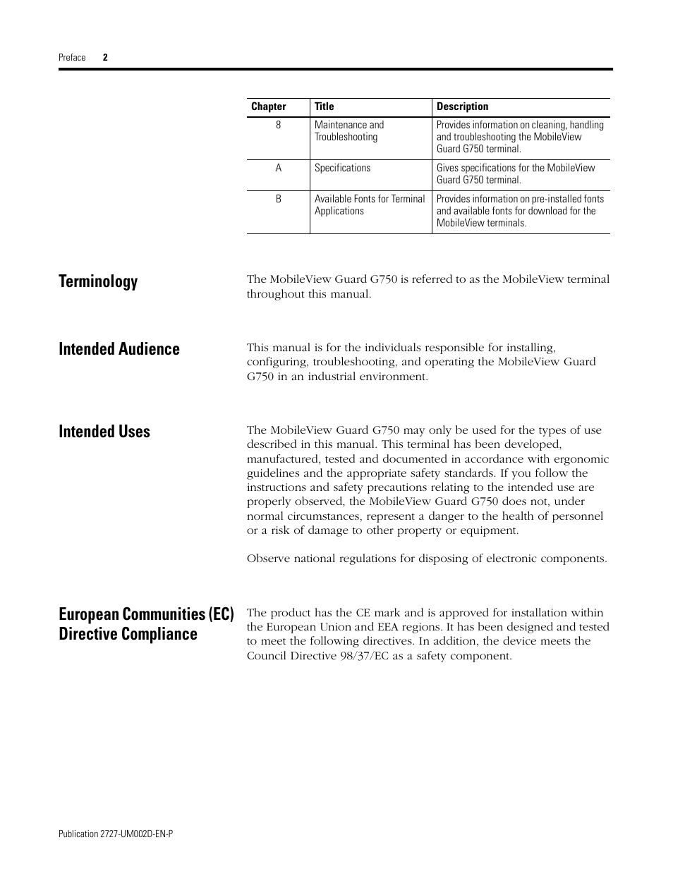 Terminology, Intended audience, Intended uses | European communities (ec) directive compliance | Rockwell Automation 2727-G7P20D3Q7 MobileView G750 Guard Machine Terminal User Manual | Page 8 / 124