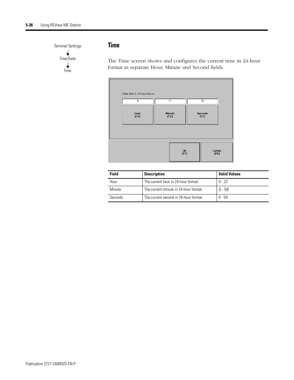 Time | Rockwell Automation 2727-G7P20D3Q7 MobileView G750 Guard Machine Terminal User Manual | Page 86 / 124