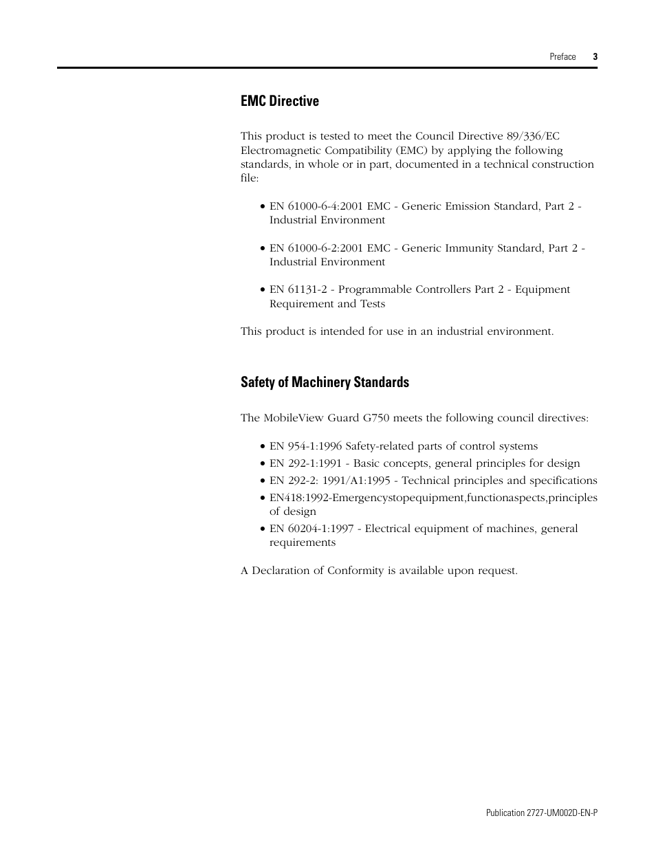 Emc directive, Safety of machinery standards | Rockwell Automation 2727-G7P20D3Q7 MobileView G750 Guard Machine Terminal User Manual | Page 9 / 124