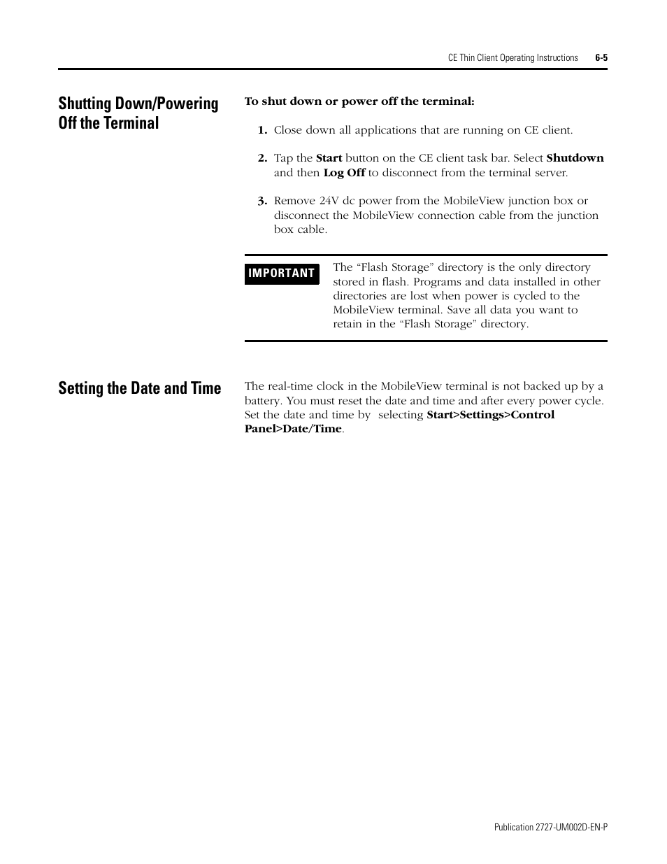 Shutting down/powering off the terminal, Setting the date and time | Rockwell Automation 2727-G7P20D3Q7 MobileView G750 Guard Machine Terminal User Manual | Page 93 / 124