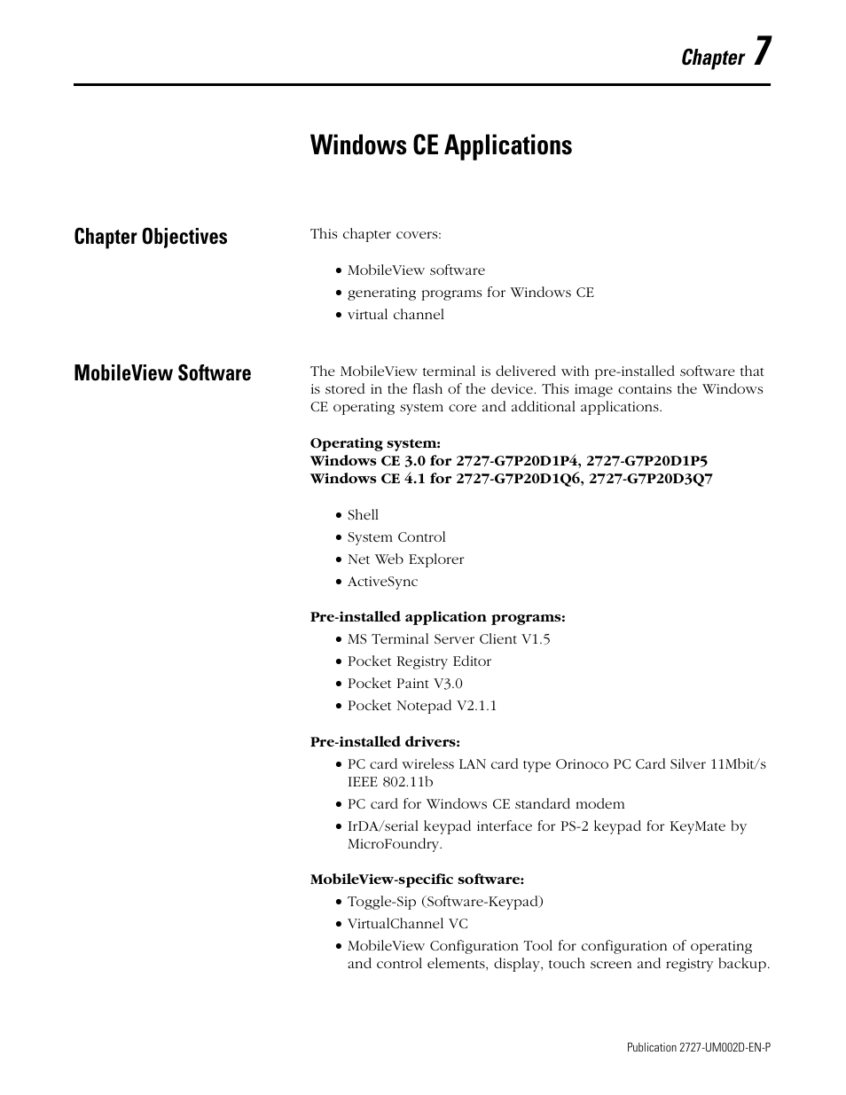 Chapter 7 - windows ce applications, Chapter objectives, Mobileview software | Chapter 7, Windows ce applications, Chapter objectives -1 mobileview software -1, Chapter | Rockwell Automation 2727-G7P20D3Q7 MobileView G750 Guard Machine Terminal User Manual | Page 95 / 124
