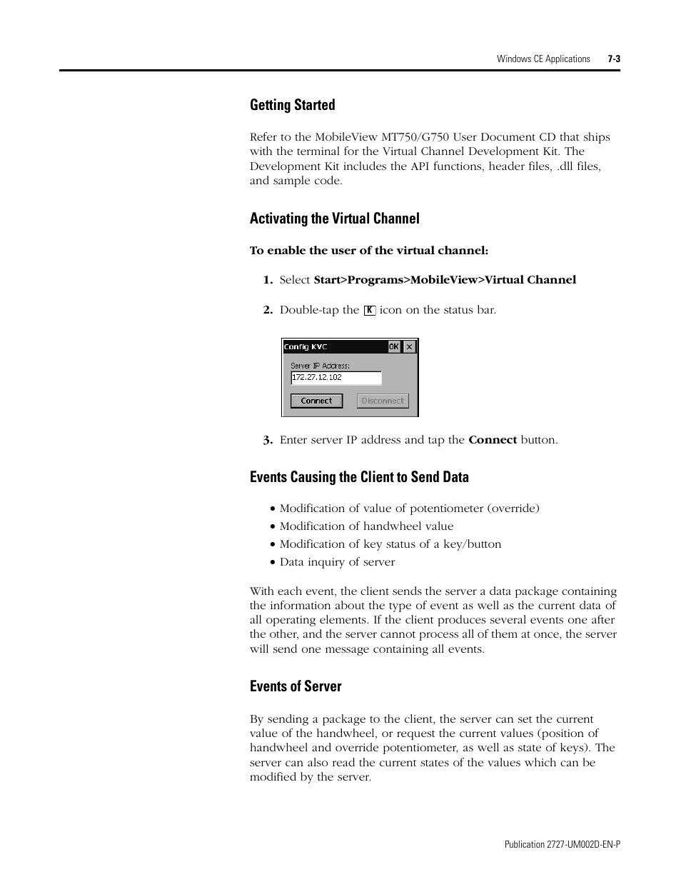 Getting started, Activating the virtual channel, Events causing the client to send data | Events of server | Rockwell Automation 2727-G7P20D3Q7 MobileView G750 Guard Machine Terminal User Manual | Page 97 / 124