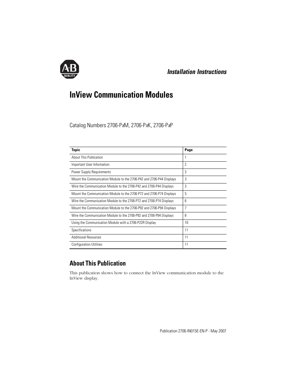 Rockwell Automation 2706-PxM_PxK_PxP InView Communication Module Installation User Manual | 12 pages