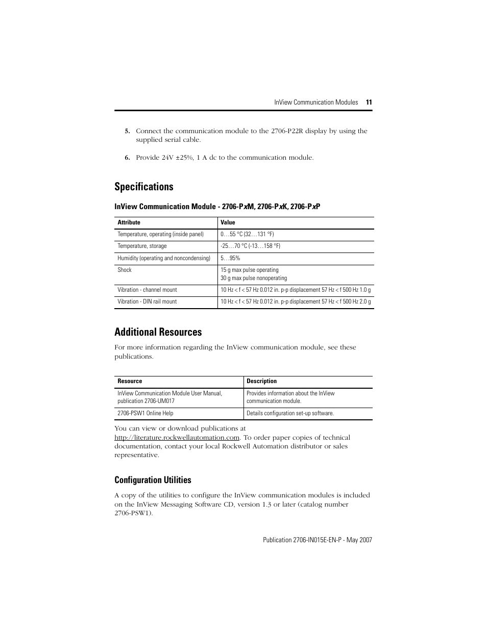 Specifications, Additional resources, Configuration utilities | Specifications additional resources | Rockwell Automation 2706-PxM_PxK_PxP InView Communication Module Installation User Manual | Page 11 / 12