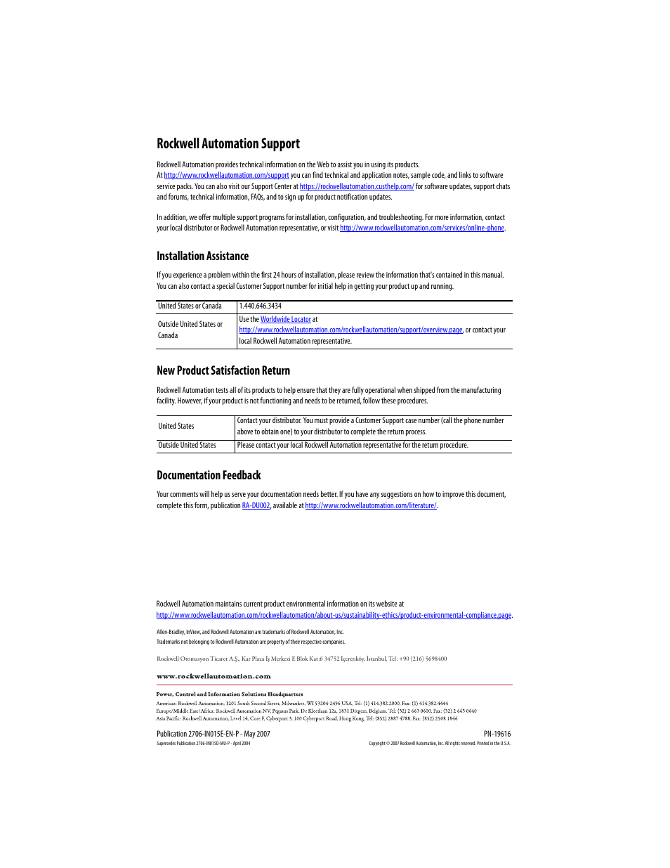 Back cover, Rockwell automation support, Installation assistance | New product satisfaction return, Documentation feedback | Rockwell Automation 2706-PxM_PxK_PxP InView Communication Module Installation User Manual | Page 12 / 12