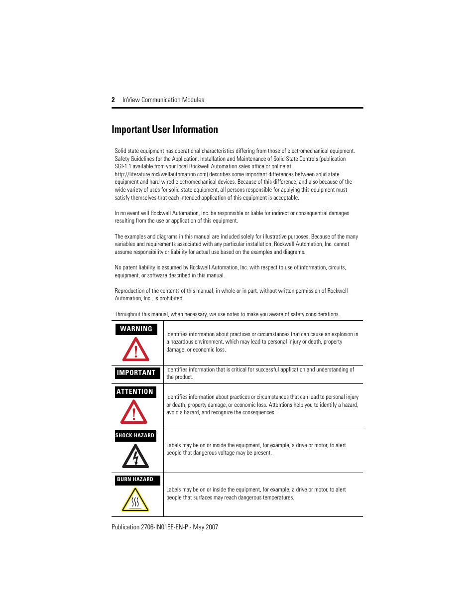 Important user information | Rockwell Automation 2706-PxM_PxK_PxP InView Communication Module Installation User Manual | Page 2 / 12