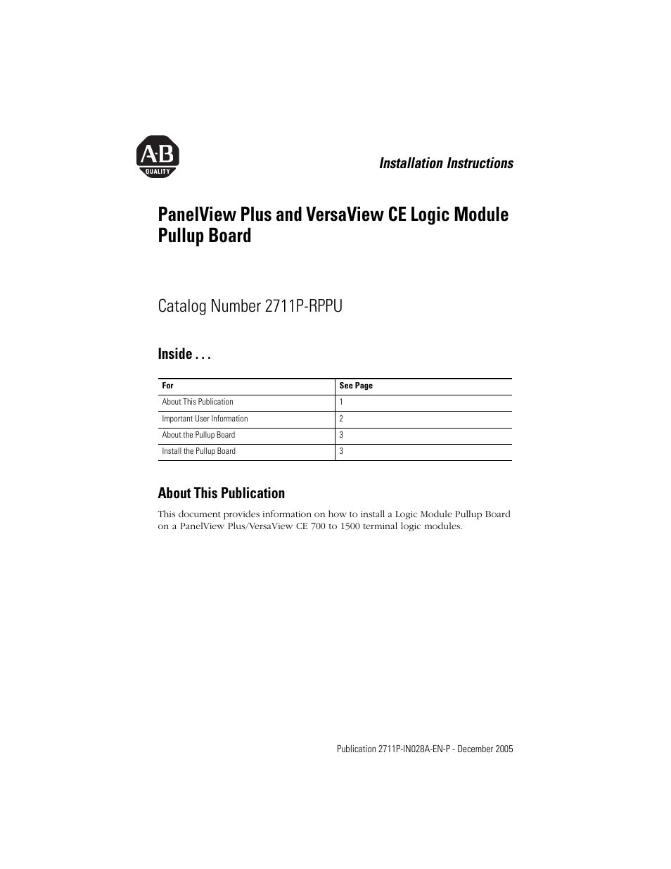 Rockwell Automation 2711P-RPPU PanelViewPlus Logic Module Pullup Board User Manual | 4 pages