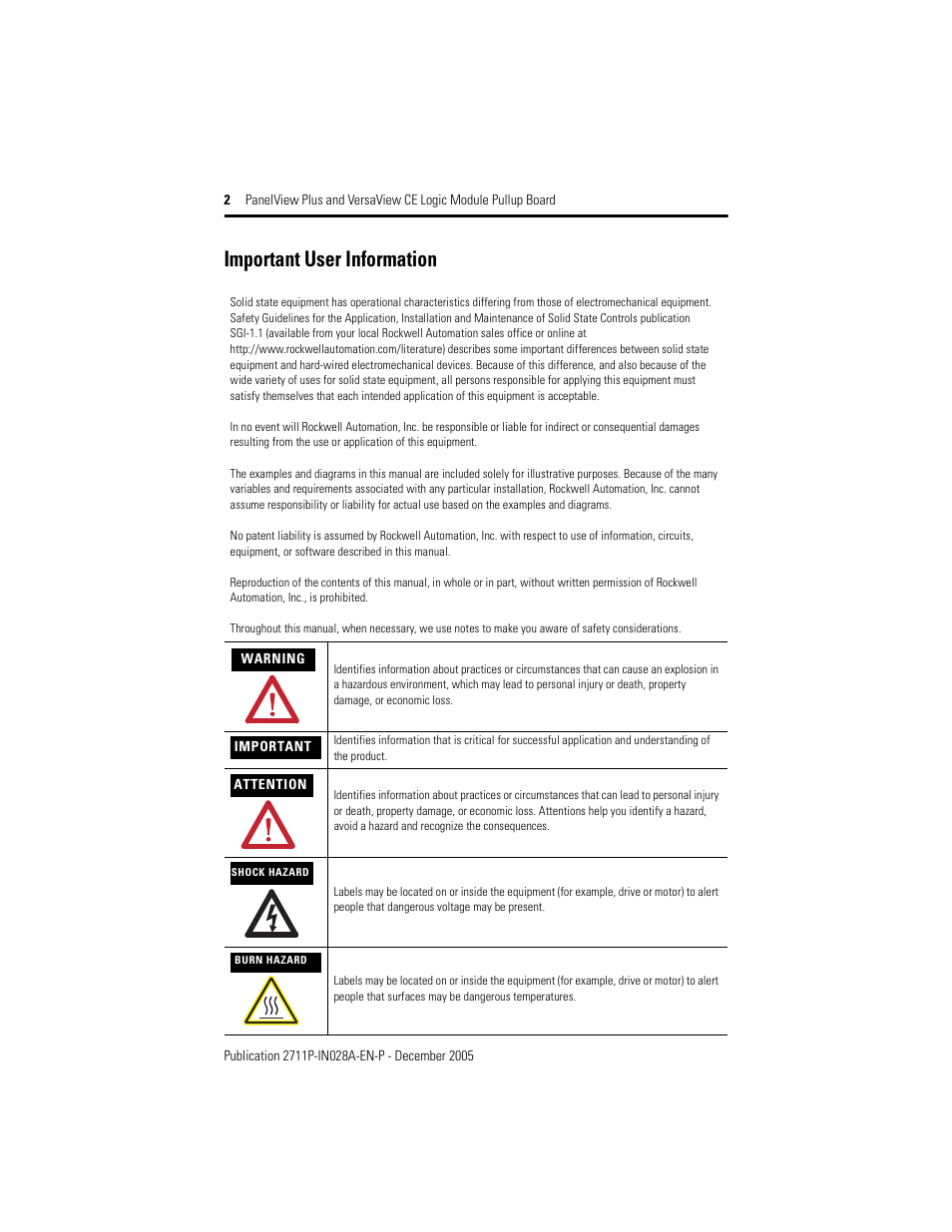 Important user information | Rockwell Automation 2711P-RPPU PanelViewPlus Logic Module Pullup Board User Manual | Page 2 / 4