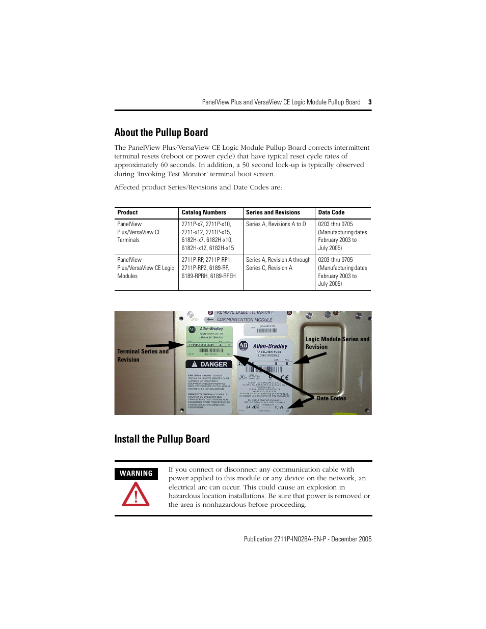 About the pullup board, Install the pullup board | Rockwell Automation 2711P-RPPU PanelViewPlus Logic Module Pullup Board User Manual | Page 3 / 4