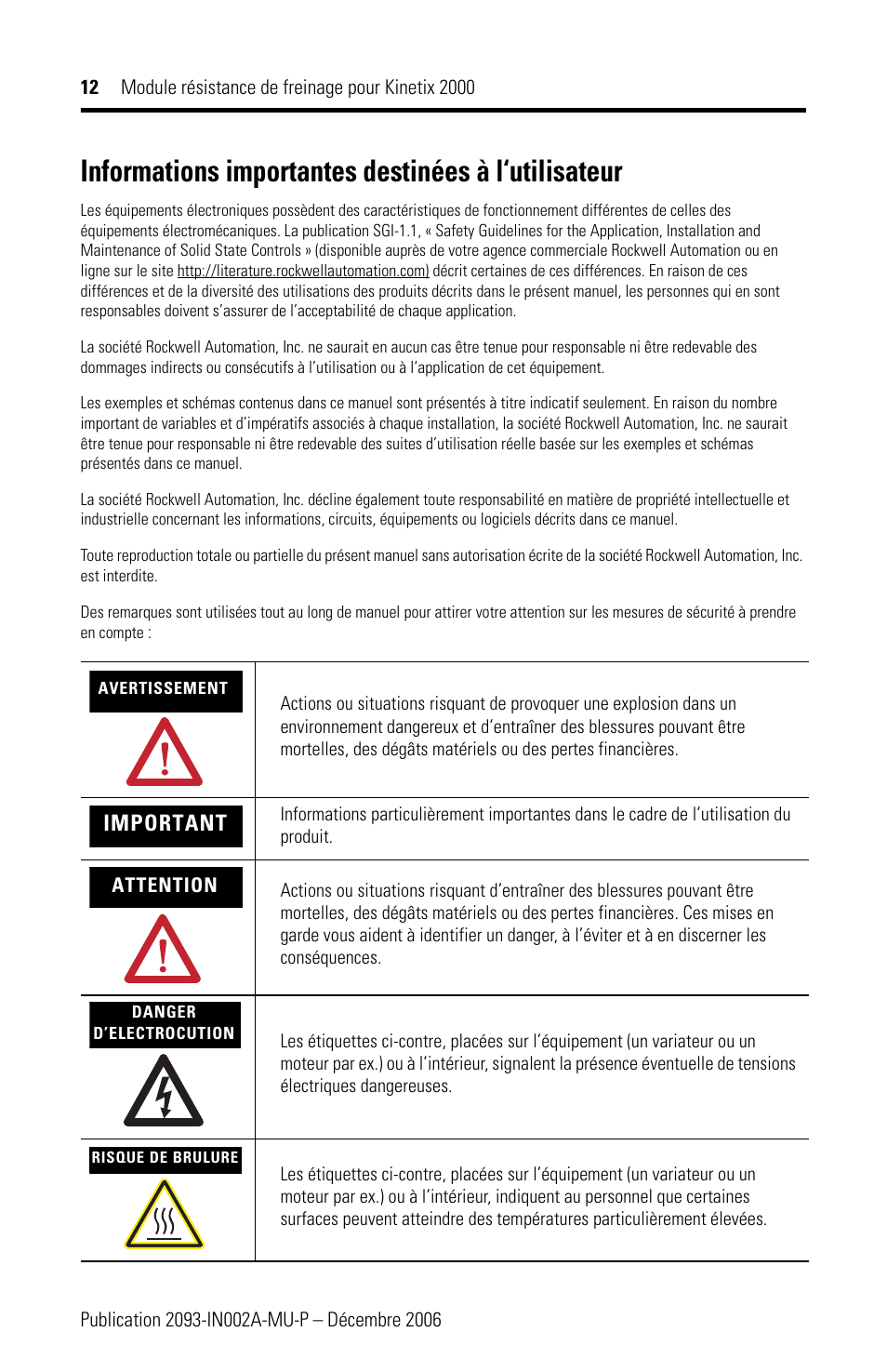 Informations importantes destinées à l‘utilisateur | Rockwell Automation 2093-ASP06 Kinetix 2000 Shunt Module Installation Instructions User Manual | Page 12 / 80