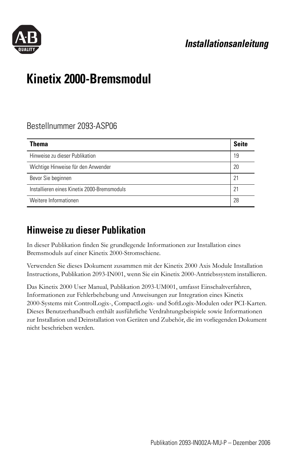 Kinetix 2000-bremsmodul, installationsanleitung, Hinweise zu dieser publikation, Deutscher abschnitt | Kinetix 2000-bremsmodul, Installationsanleitung | Rockwell Automation 2093-ASP06 Kinetix 2000 Shunt Module Installation Instructions User Manual | Page 19 / 80