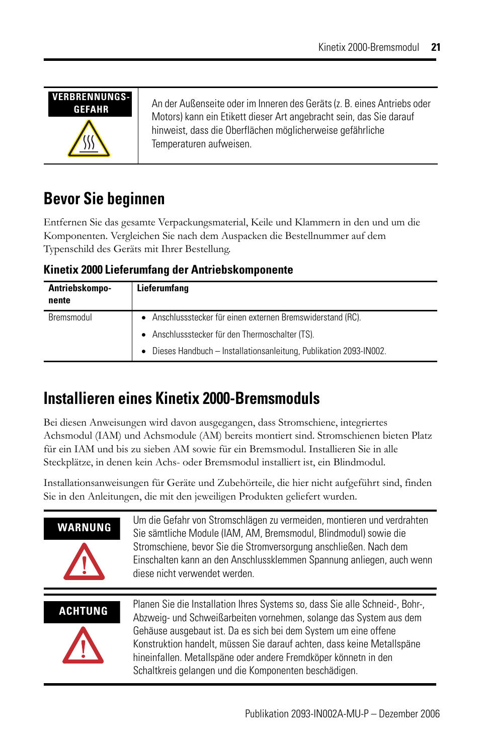 Bevor sie beginnen, Installieren eines kinetix 2000-bremsmoduls | Rockwell Automation 2093-ASP06 Kinetix 2000 Shunt Module Installation Instructions User Manual | Page 21 / 80