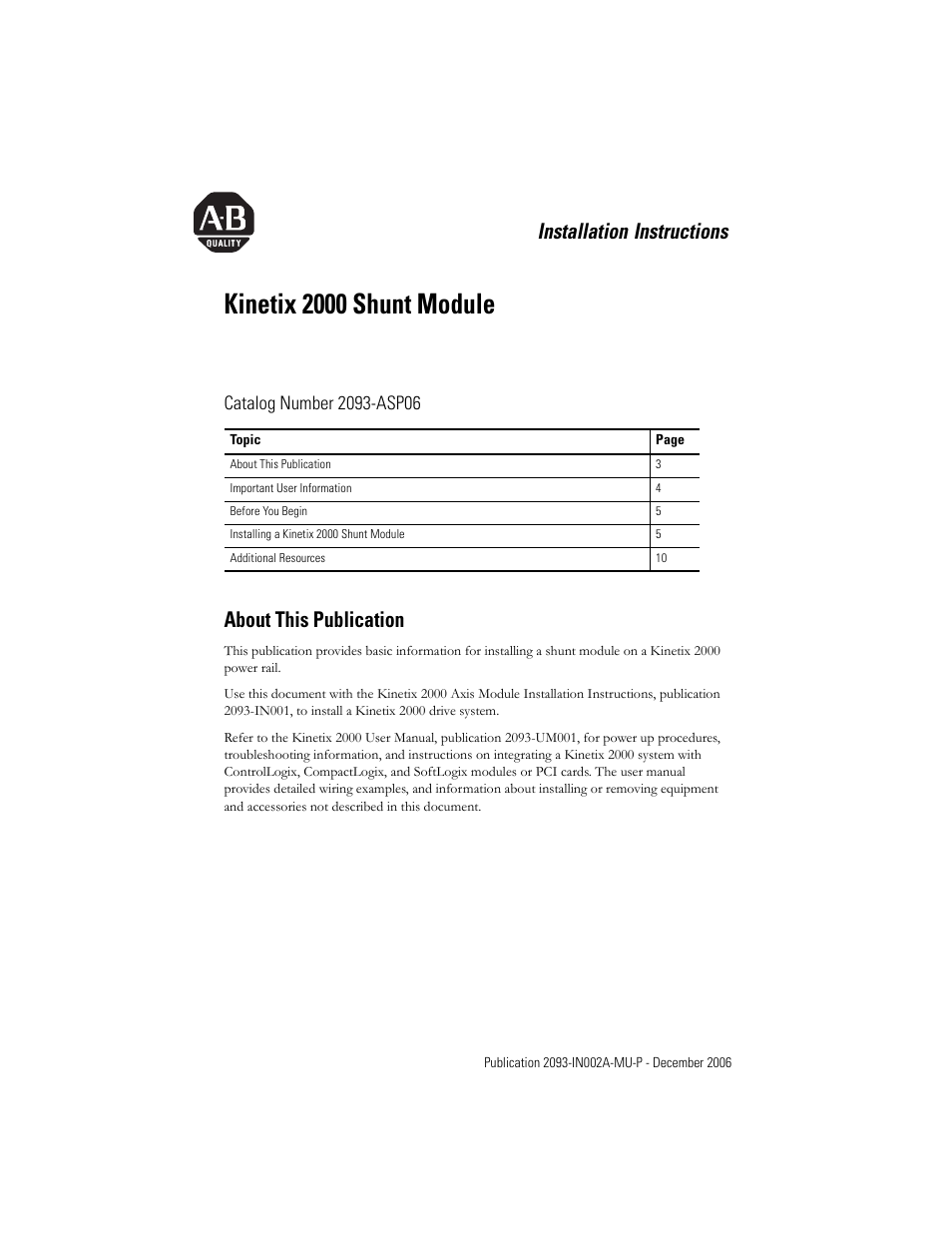 About this publication, English section, Kinetix 2000 shunt module | Installation instructions | Rockwell Automation 2093-ASP06 Kinetix 2000 Shunt Module Installation Instructions User Manual | Page 3 / 80