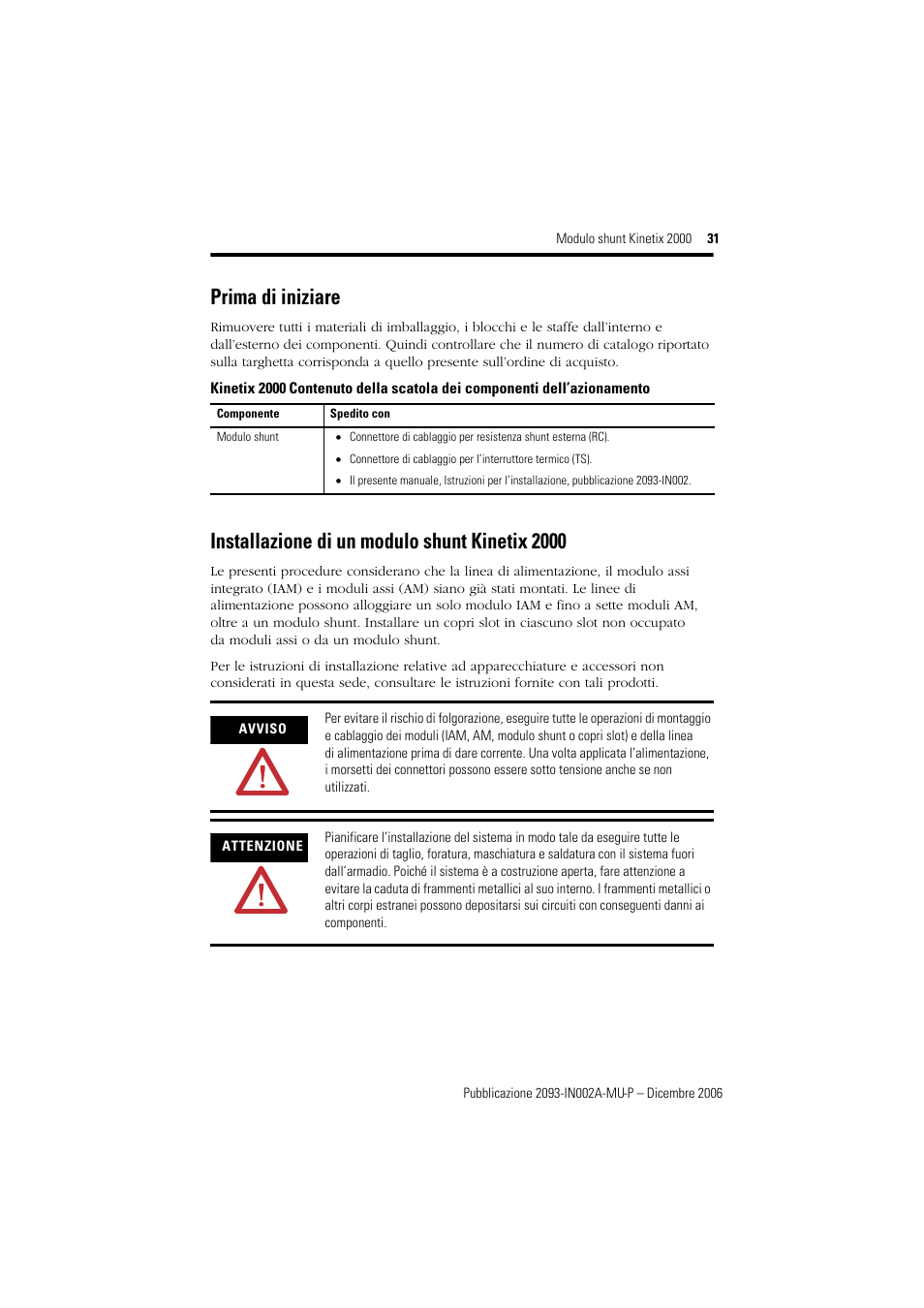 Prima di iniziare, Installazione di un modulo shunt kinetix 2000 | Rockwell Automation 2093-ASP06 Kinetix 2000 Shunt Module Installation Instructions User Manual | Page 31 / 80