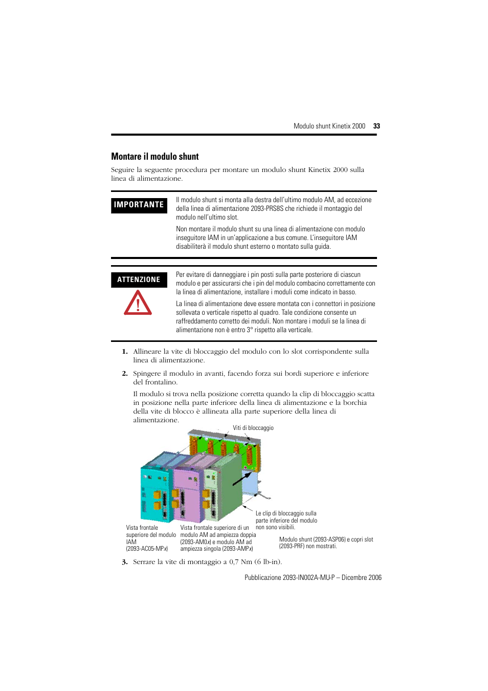 Montare il modulo shunt | Rockwell Automation 2093-ASP06 Kinetix 2000 Shunt Module Installation Instructions User Manual | Page 33 / 80