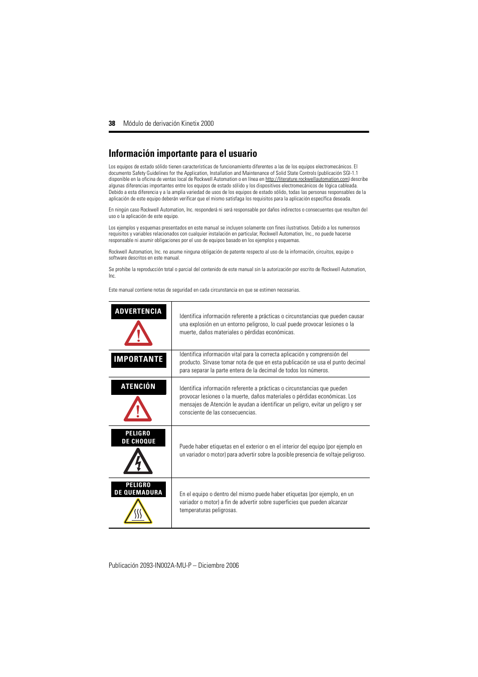 Información importante para el usuario | Rockwell Automation 2093-ASP06 Kinetix 2000 Shunt Module Installation Instructions User Manual | Page 38 / 80