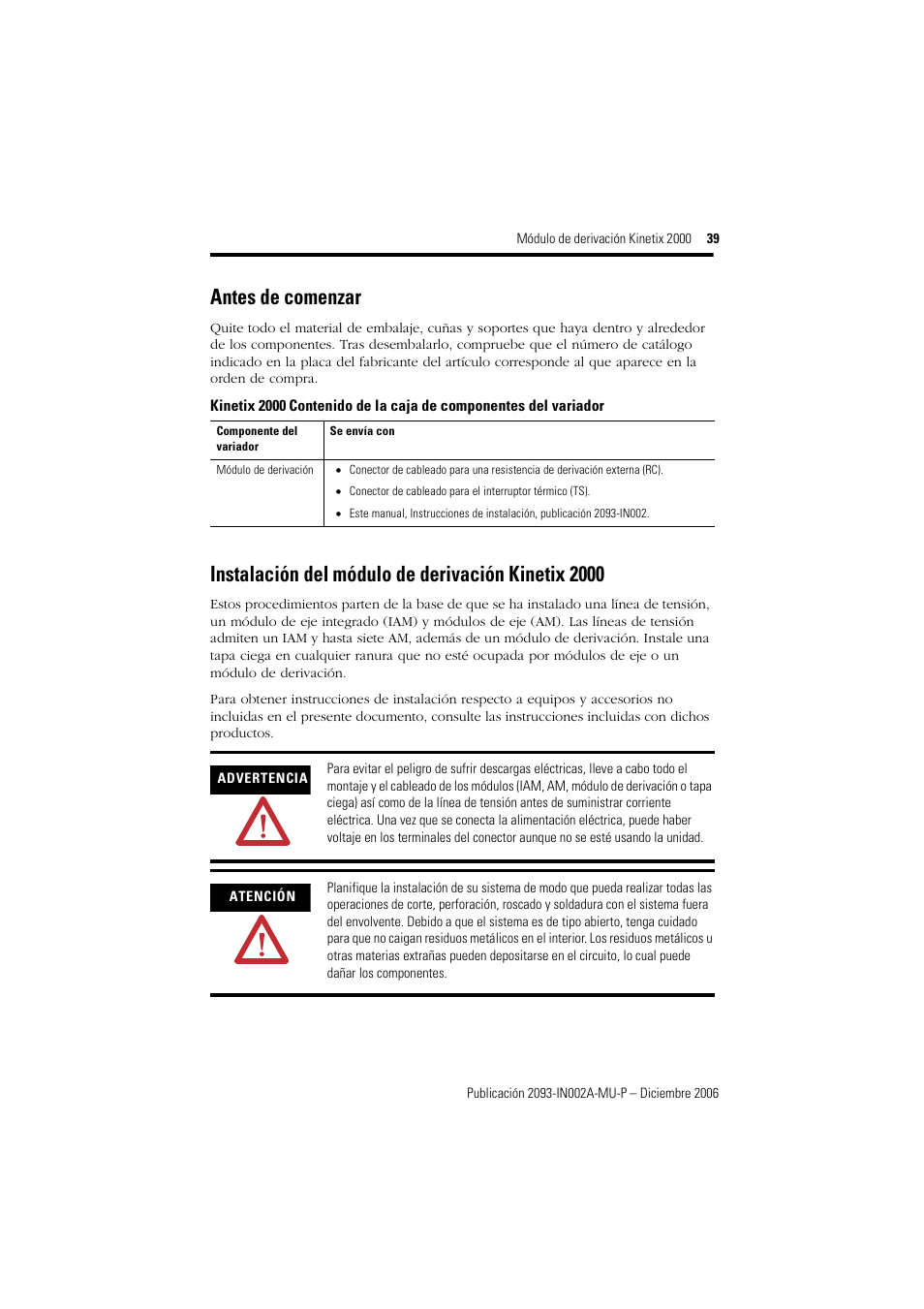 Antes de comenzar, Instalación del módulo de derivación kinetix 2000 | Rockwell Automation 2093-ASP06 Kinetix 2000 Shunt Module Installation Instructions User Manual | Page 39 / 80