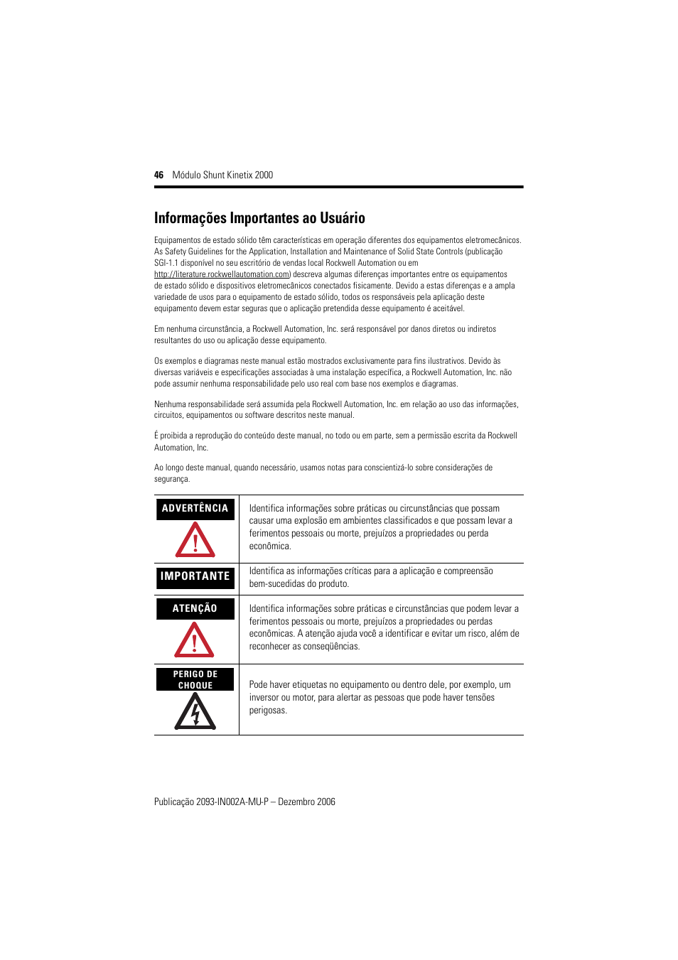 Informações importantes ao usuário | Rockwell Automation 2093-ASP06 Kinetix 2000 Shunt Module Installation Instructions User Manual | Page 46 / 80