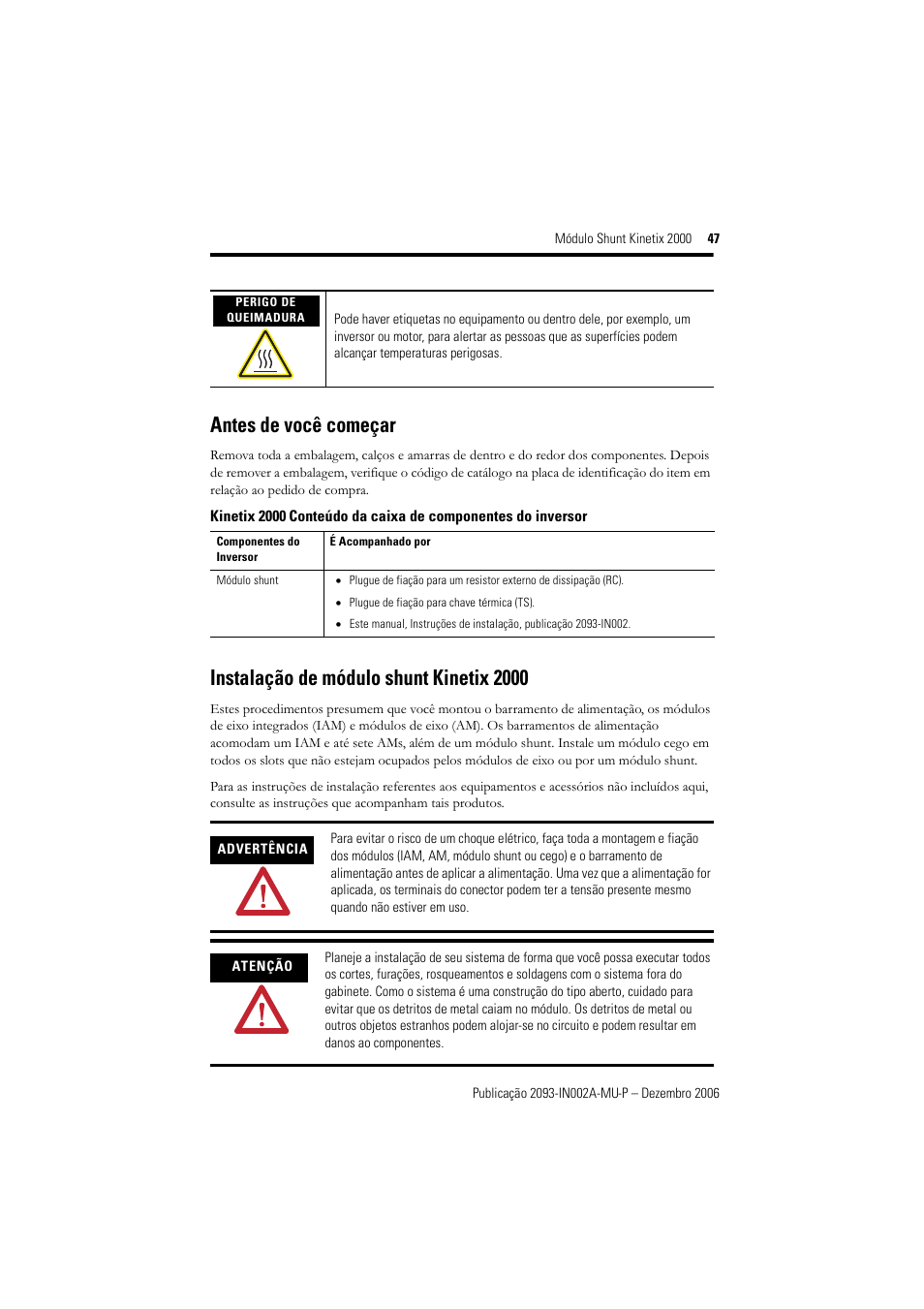 Antes de você começar, Instalação de módulo shunt kinetix 2000 | Rockwell Automation 2093-ASP06 Kinetix 2000 Shunt Module Installation Instructions User Manual | Page 47 / 80