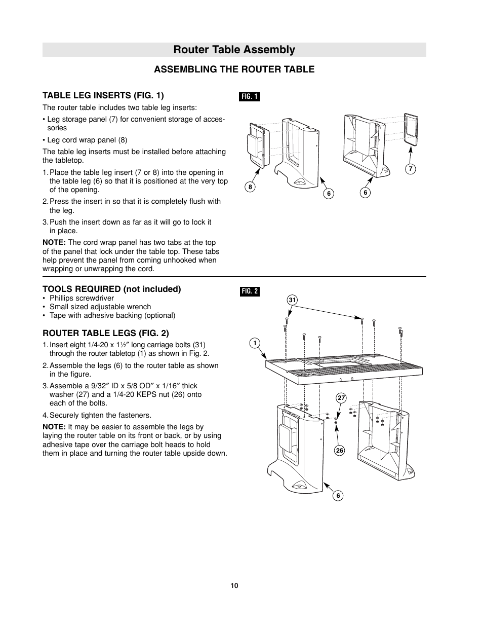 Router table assembly, Assembling the router table | Bosch RA1181 User Manual | Page 10 / 96