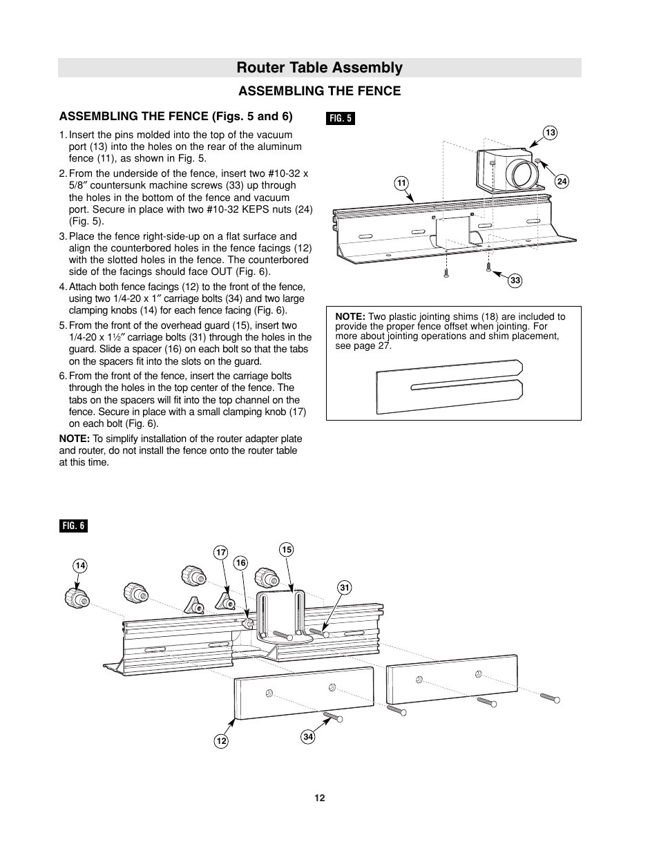 Router table assembly, Assembling the fence, Assembling the fence (figs. 5 and 6) | Bosch RA1181 User Manual | Page 12 / 96