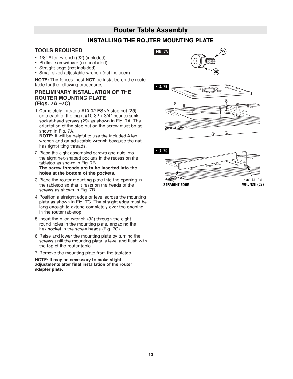 Router table assembly, Installing the router mounting plate | Bosch RA1181 User Manual | Page 13 / 96