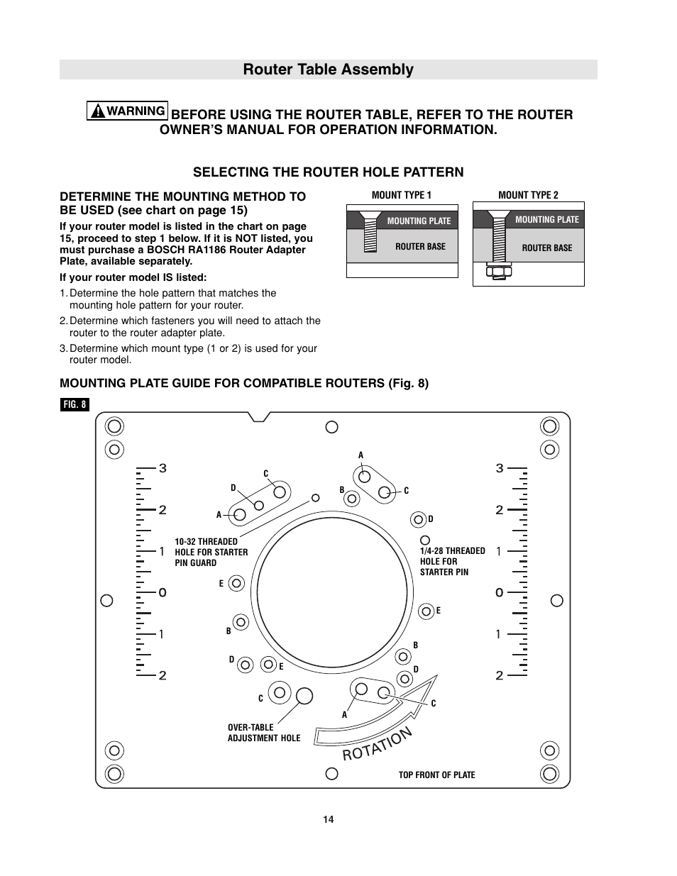 Router table assembly, Selecting the router hole pattern | Bosch RA1181 User Manual | Page 14 / 96