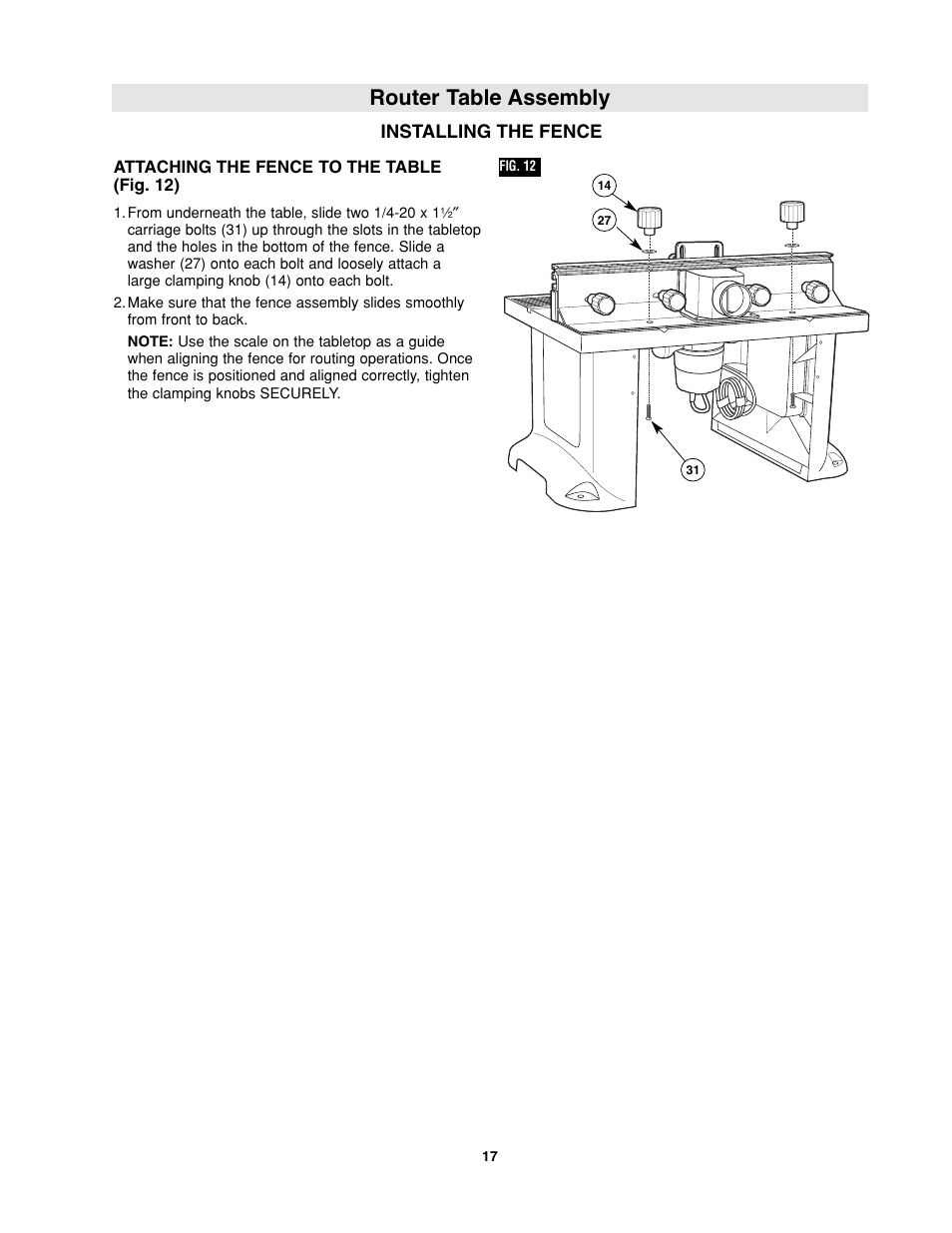 Router table assembly, Installing the fence | Bosch RA1181 User Manual | Page 17 / 96