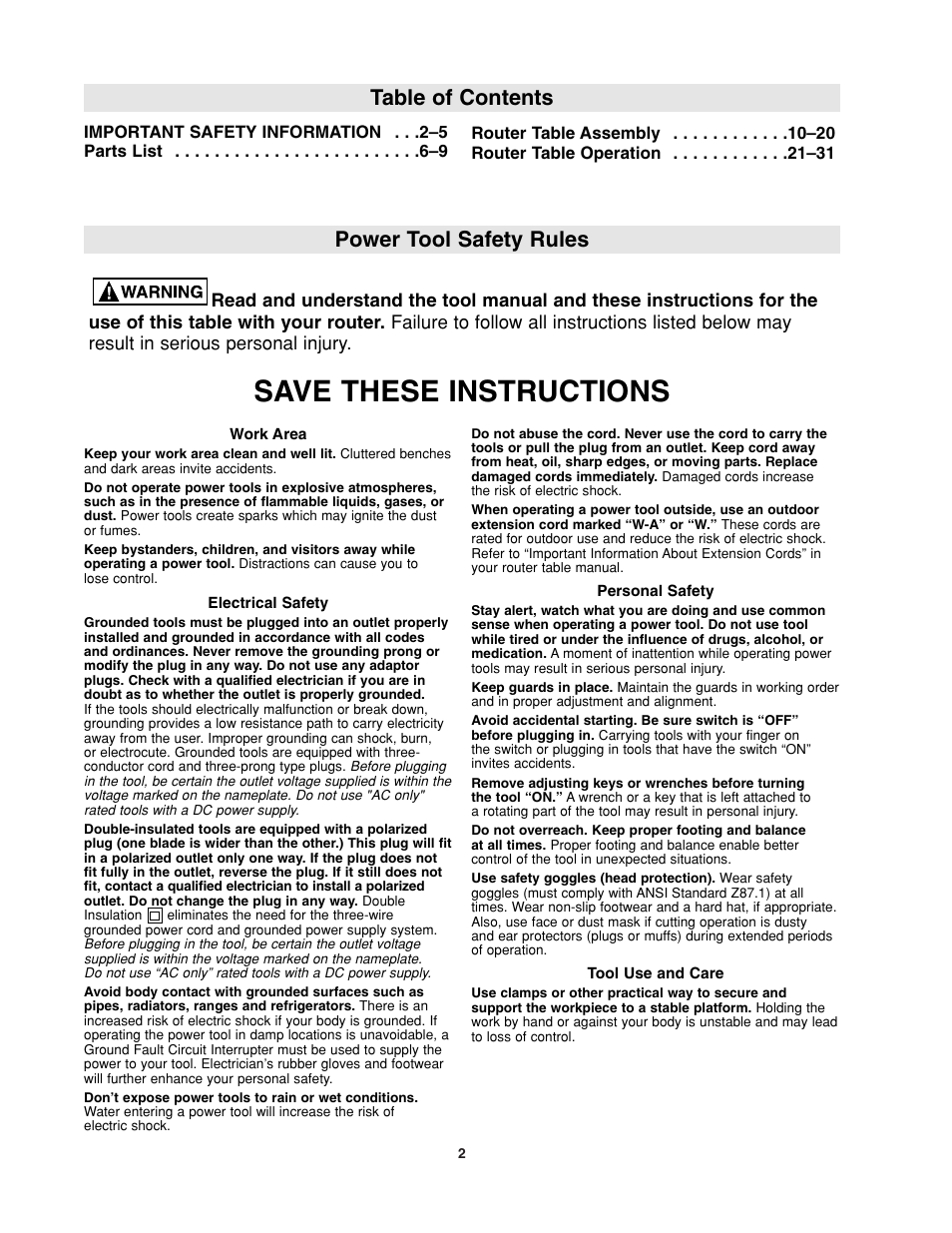 Save these instructions, Power tool safety rules table of contents | Bosch RA1181 User Manual | Page 2 / 96