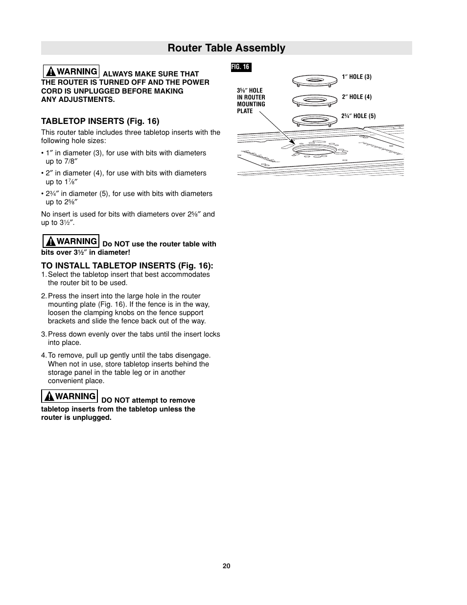 Router table assembly, Tabletop inserts (fig. 16) | Bosch RA1181 User Manual | Page 20 / 96