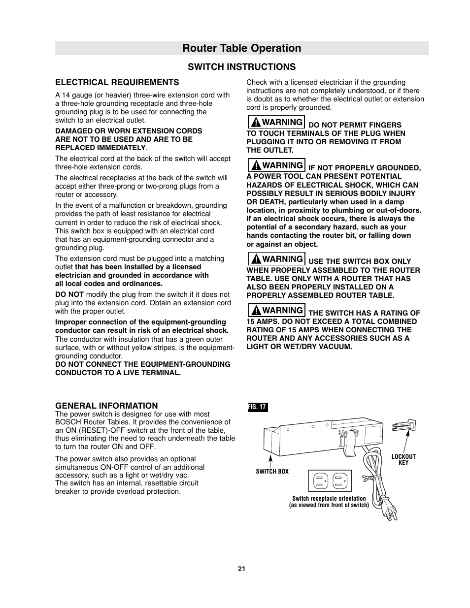 Router table operation, Switch instructions | Bosch RA1181 User Manual | Page 21 / 96