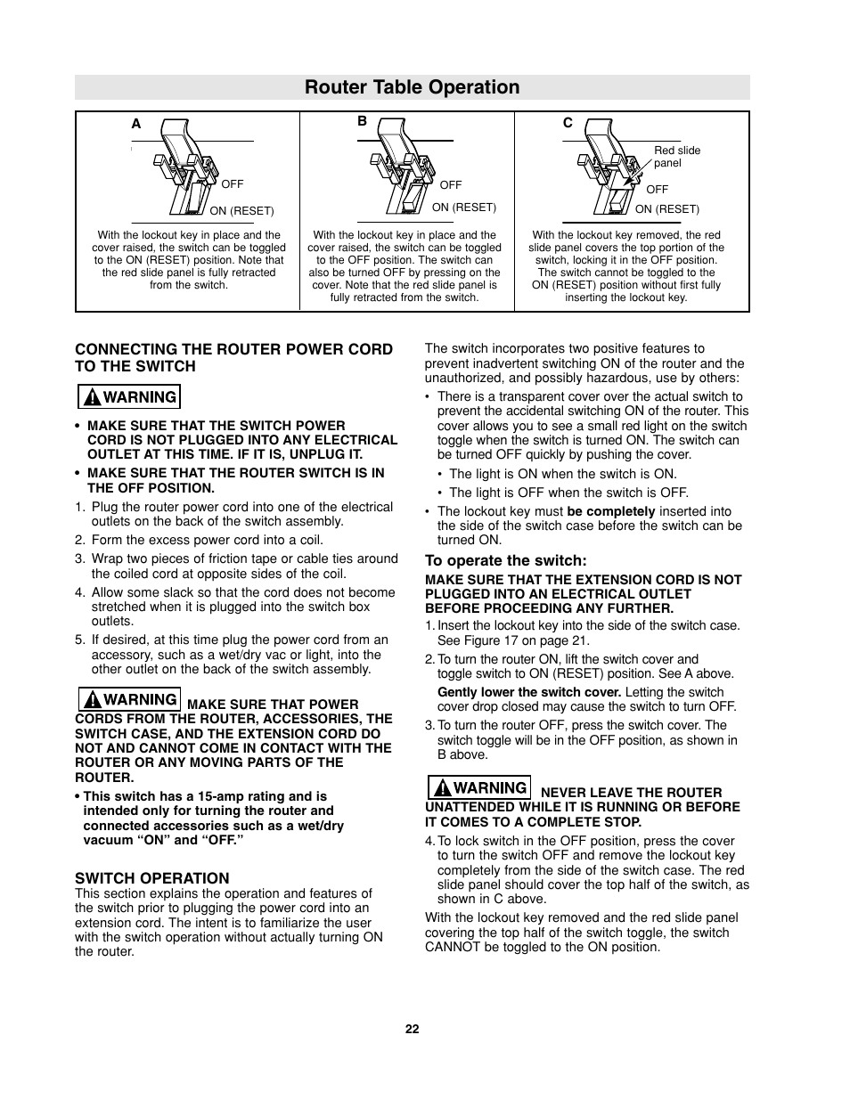 Router table operation | Bosch RA1181 User Manual | Page 22 / 96