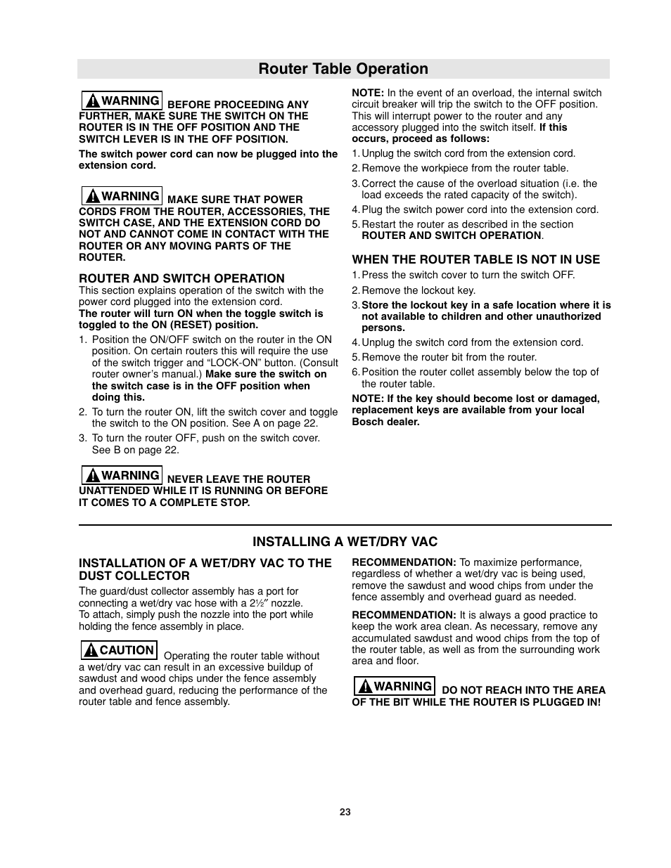 Router table operation, Installing a wet/dry vac | Bosch RA1181 User Manual | Page 23 / 96