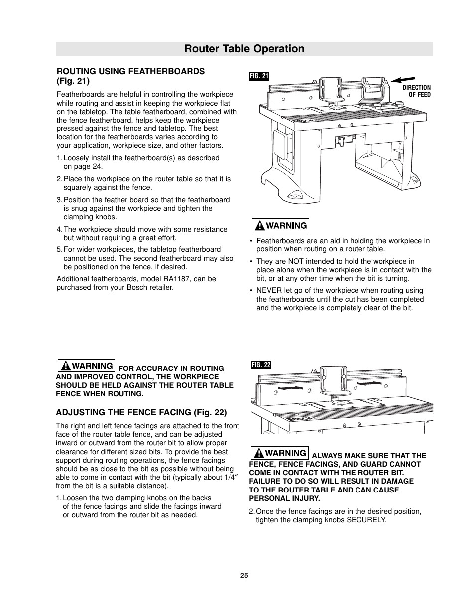 Router table operation | Bosch RA1181 User Manual | Page 25 / 96