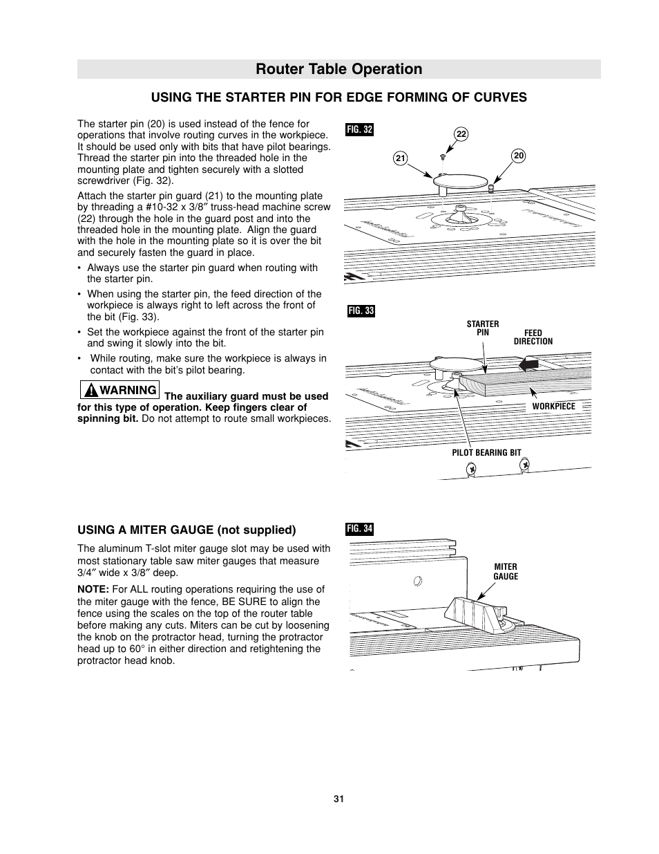 Router table operation, Using the starter pin for edge forming of curves | Bosch RA1181 User Manual | Page 31 / 96