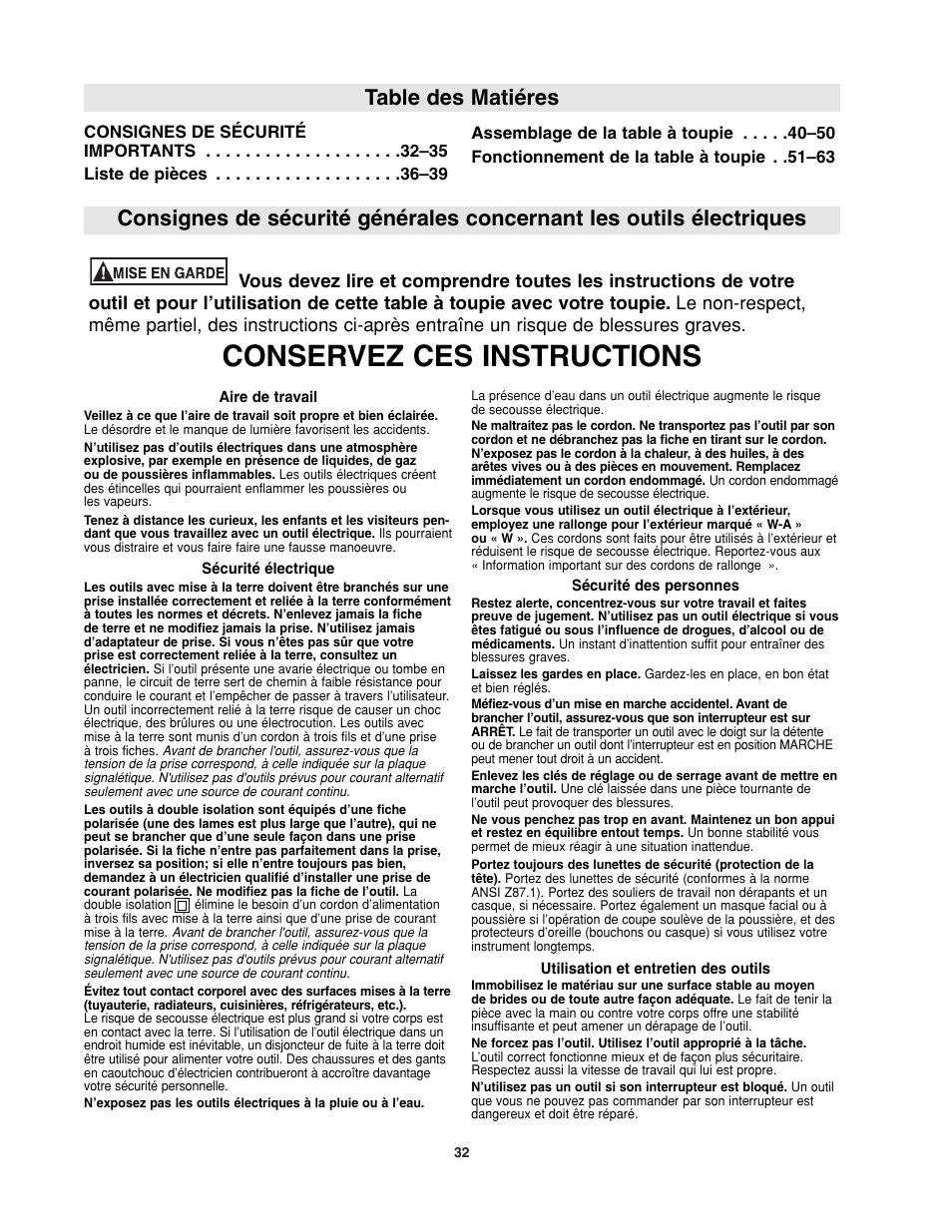 Conservez ces instructions, Table des matiéres | Bosch RA1181 User Manual | Page 32 / 96