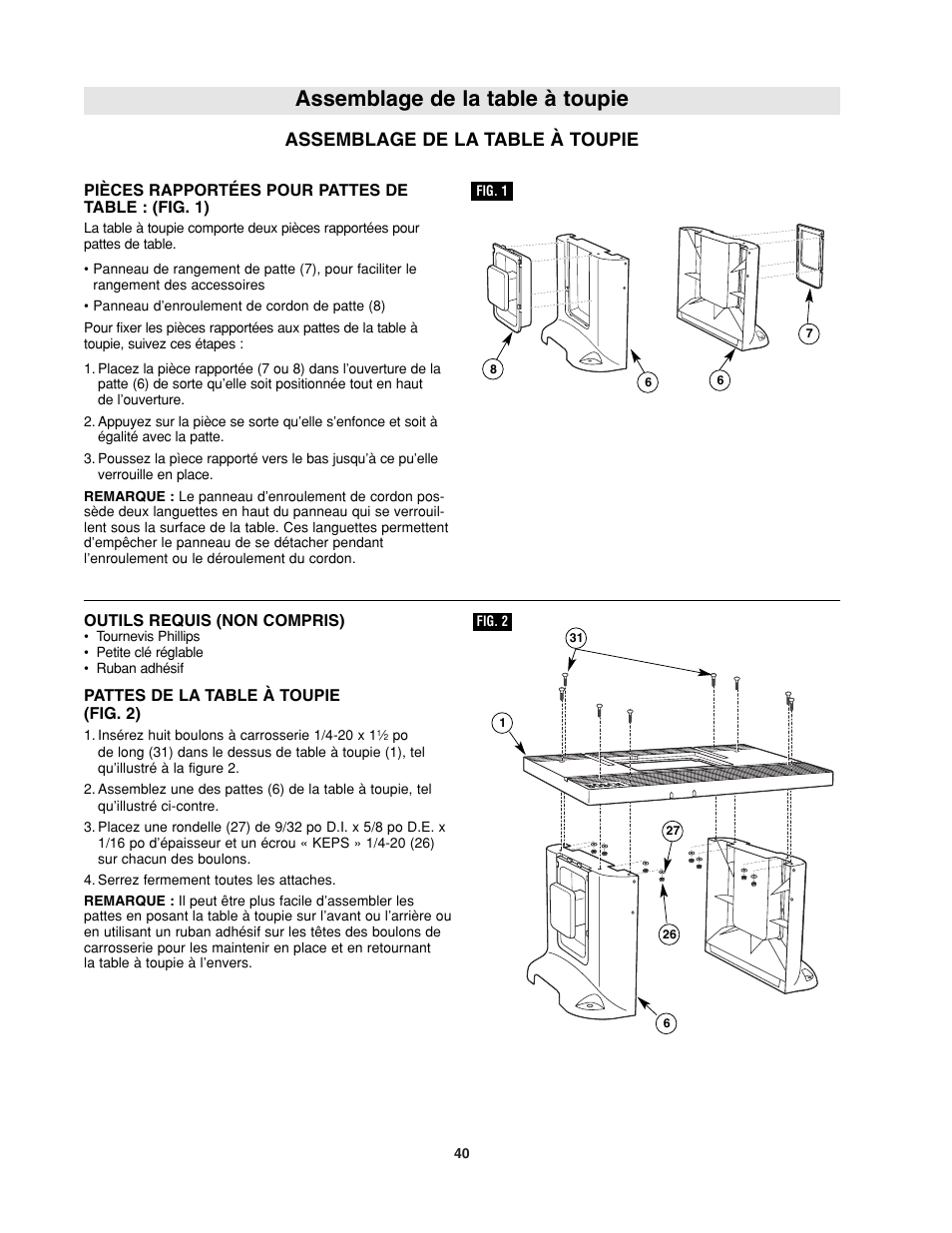 Assemblage de la table à toupie | Bosch RA1181 User Manual | Page 40 / 96