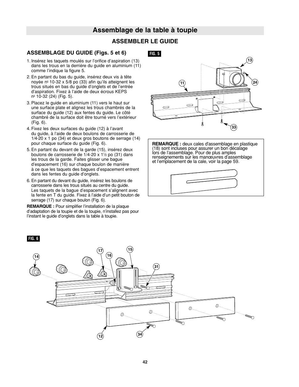 Assemblage de la table à toupie, Assembler le guide, Assemblage du guide (figs. 5 et 6) | Bosch RA1181 User Manual | Page 42 / 96