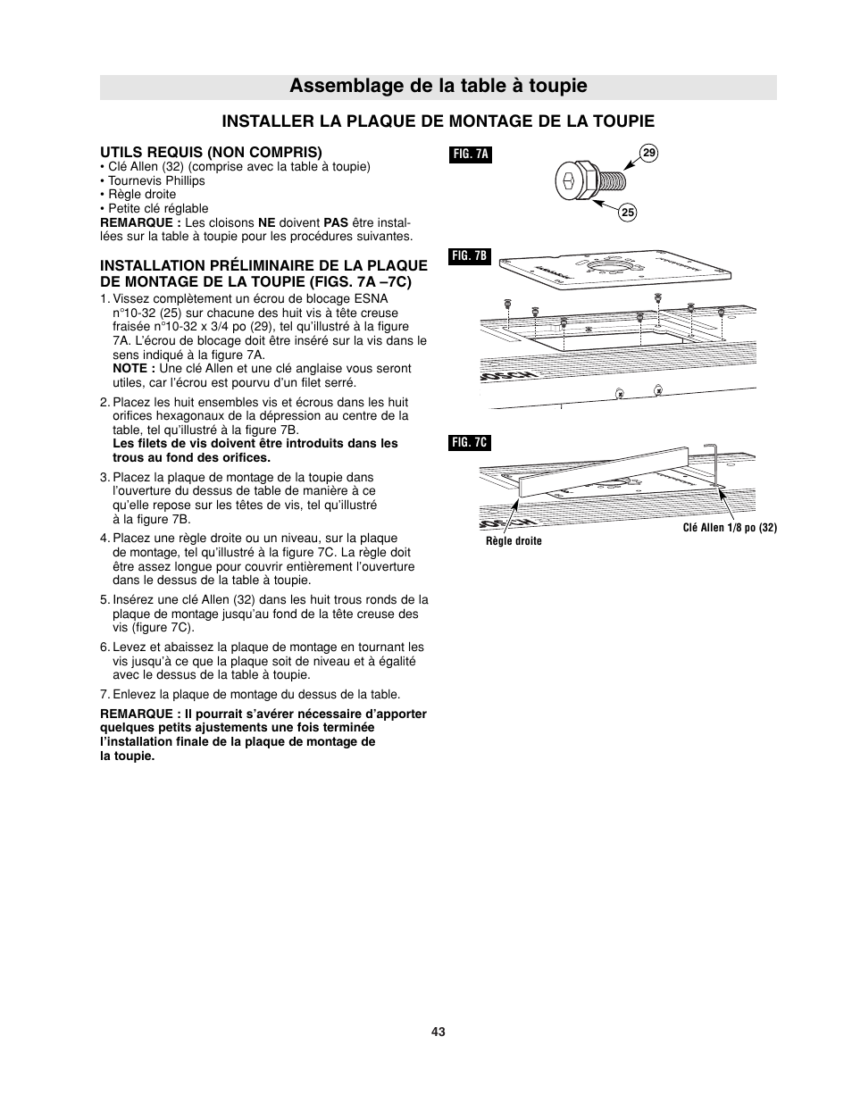 Assemblage de la table à toupie, Installer la plaque de montage de la toupie | Bosch RA1181 User Manual | Page 43 / 96