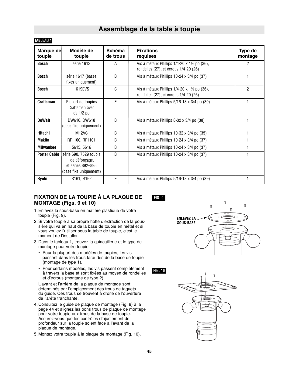 Assemblage de la table à toupie | Bosch RA1181 User Manual | Page 45 / 96