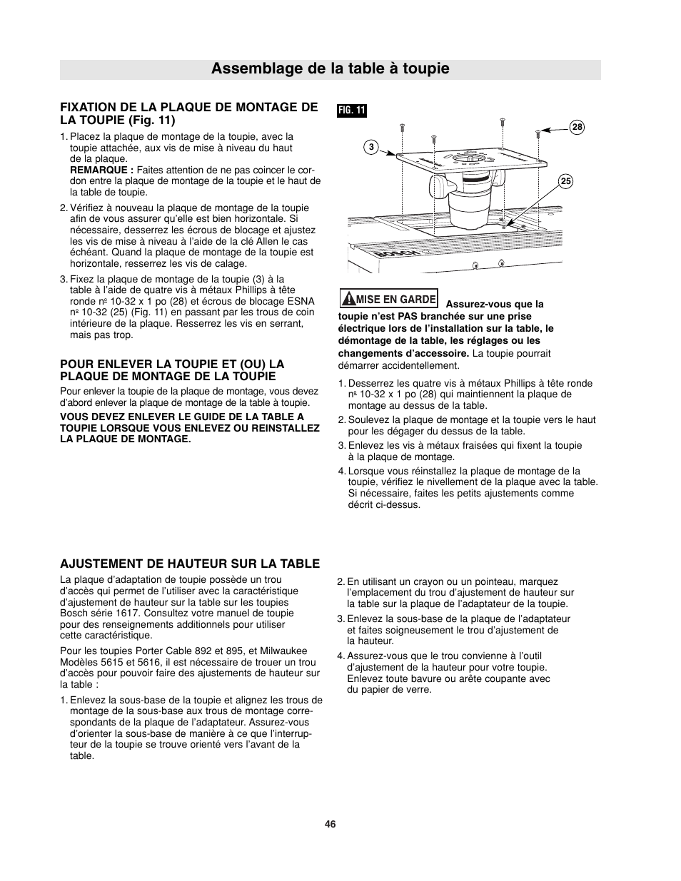 Assemblage de la table à toupie | Bosch RA1181 User Manual | Page 46 / 96