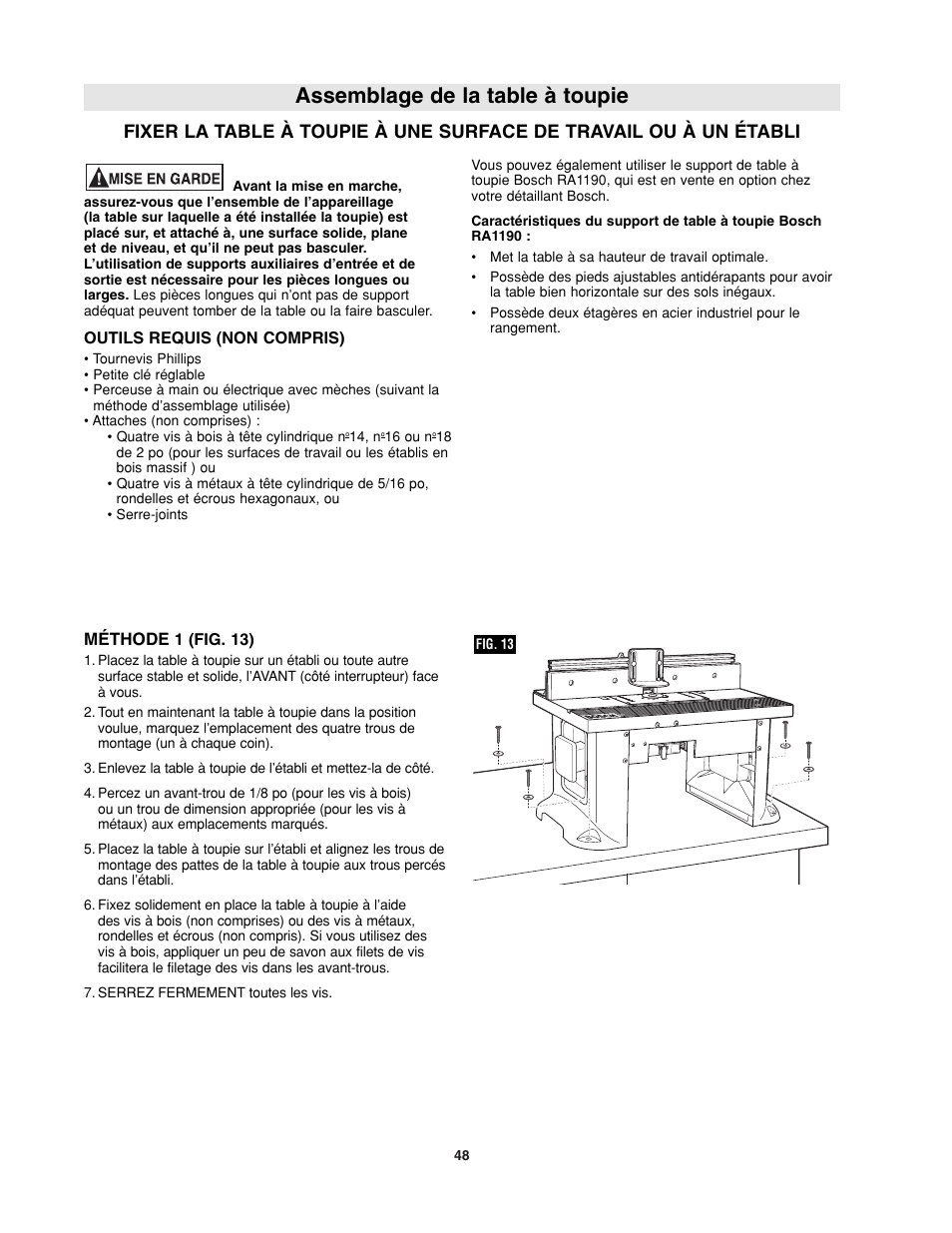 Assemblage de la table à toupie | Bosch RA1181 User Manual | Page 48 / 96