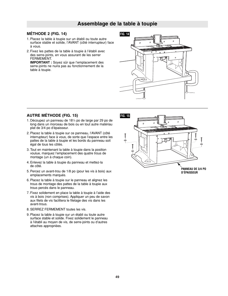 Assemblage de la table à toupie | Bosch RA1181 User Manual | Page 49 / 96