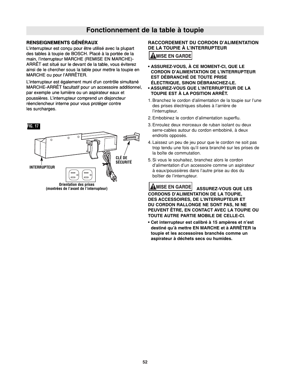 Fonctionnement de la table à toupie | Bosch RA1181 User Manual | Page 52 / 96