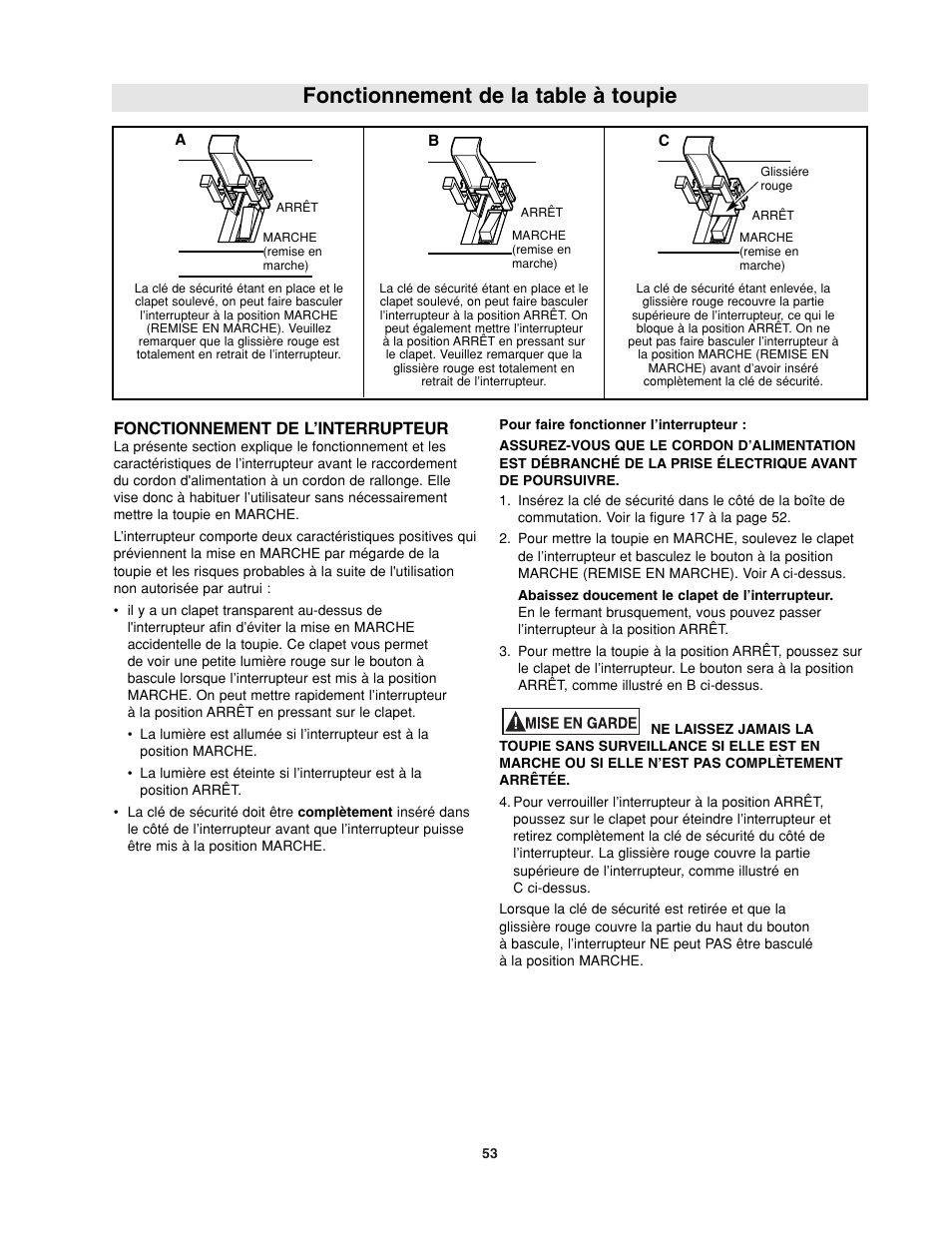 Fonctionnement de la table à toupie, Fonctionnement de l’interrupteur | Bosch RA1181 User Manual | Page 53 / 96