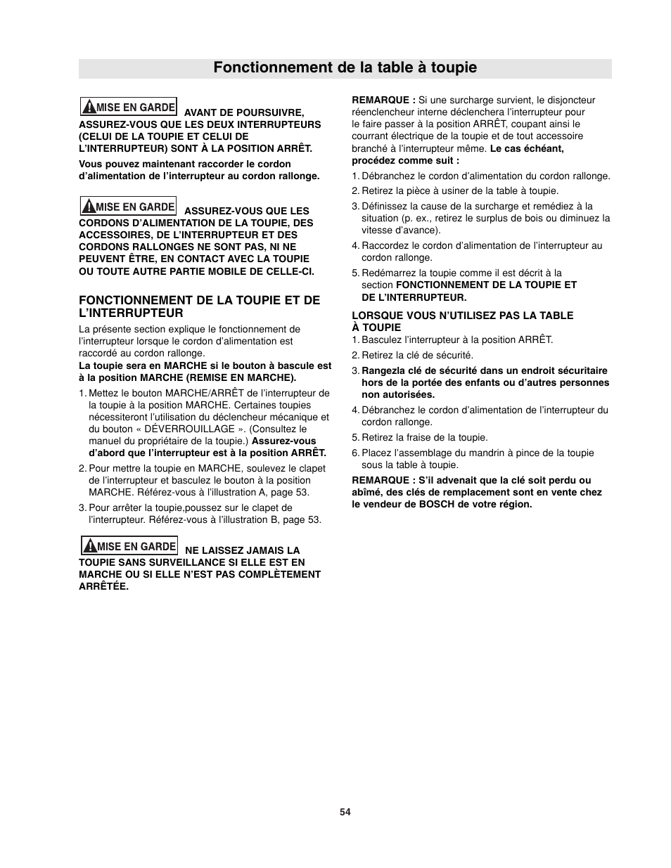 Fonctionnement de la table à toupie | Bosch RA1181 User Manual | Page 54 / 96