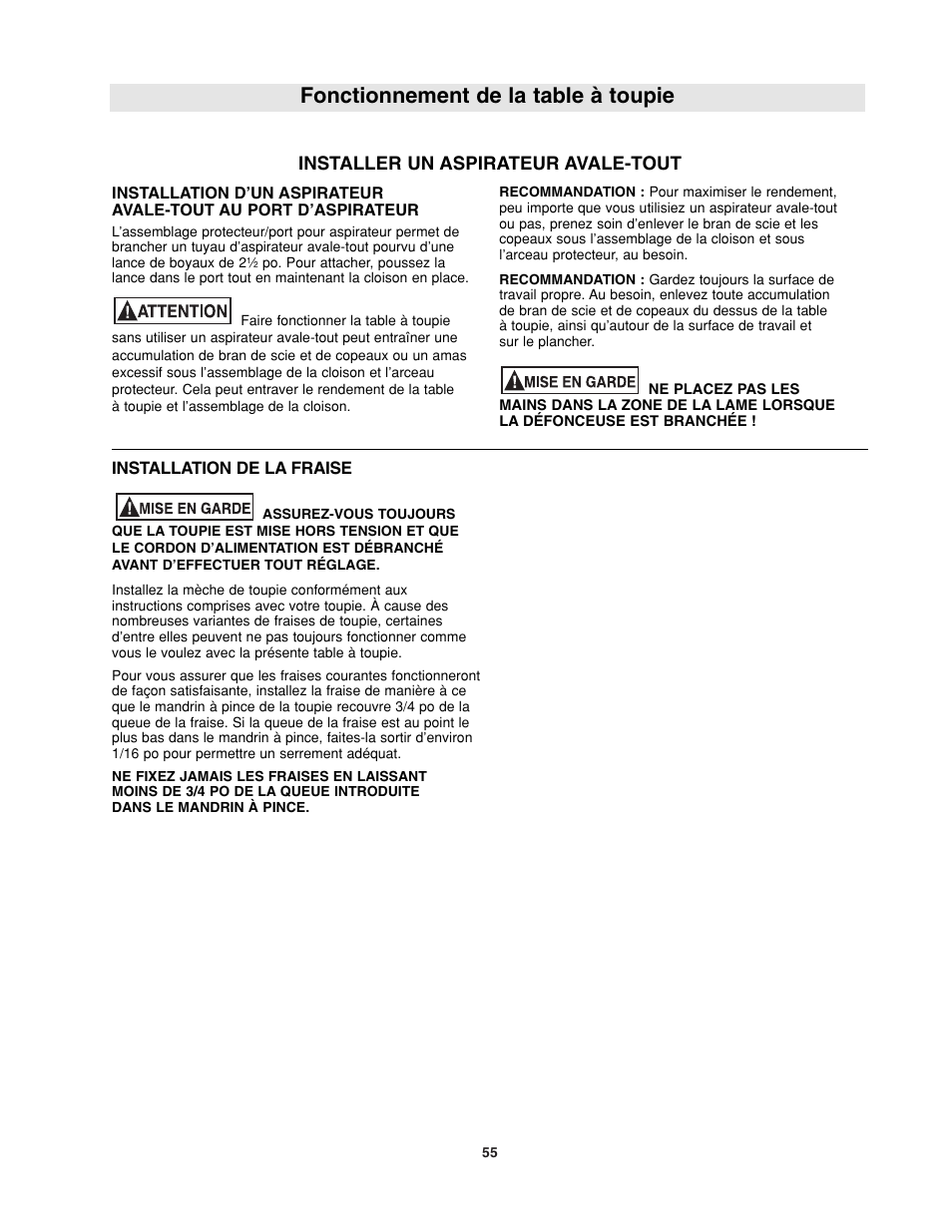 Fonctionnement de la table à toupie, Installer un aspirateur avale-tout | Bosch RA1181 User Manual | Page 55 / 96