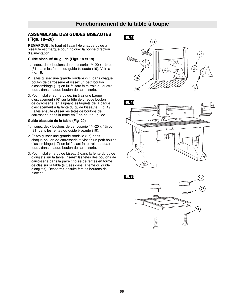 Fonctionnement de la table à toupie, Assemblage des guides biseautés (figs. 18–20) | Bosch RA1181 User Manual | Page 56 / 96